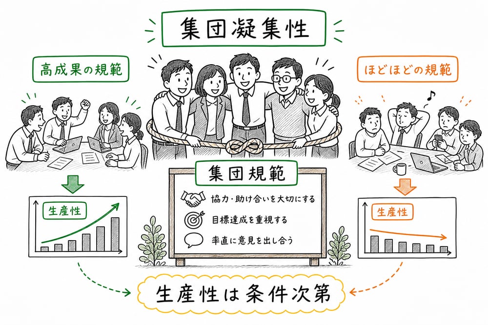 集団凝集性と集団規範の関係を、高成果の規範とほどほどの規範で対比した図解