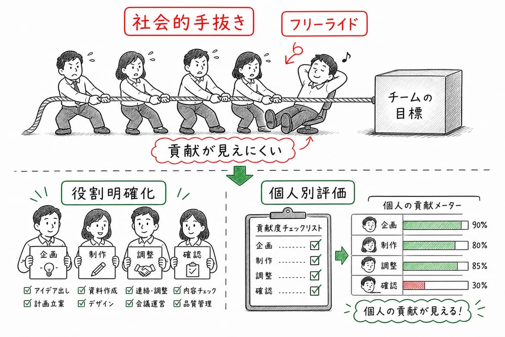 社会的手抜きとフリーライドを、貢献が見えにくい集団作業と役割明確化・個人別評価で示した図解