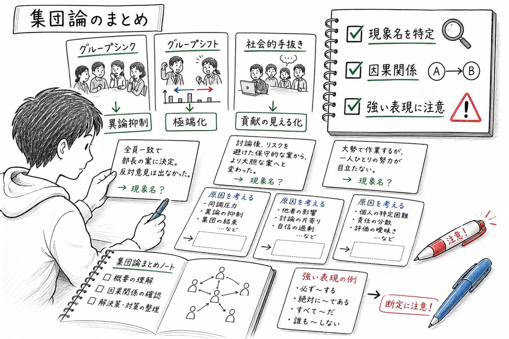集団論の選択肢を、現象名、因果関係、強い表現で確認する判断軸の図解