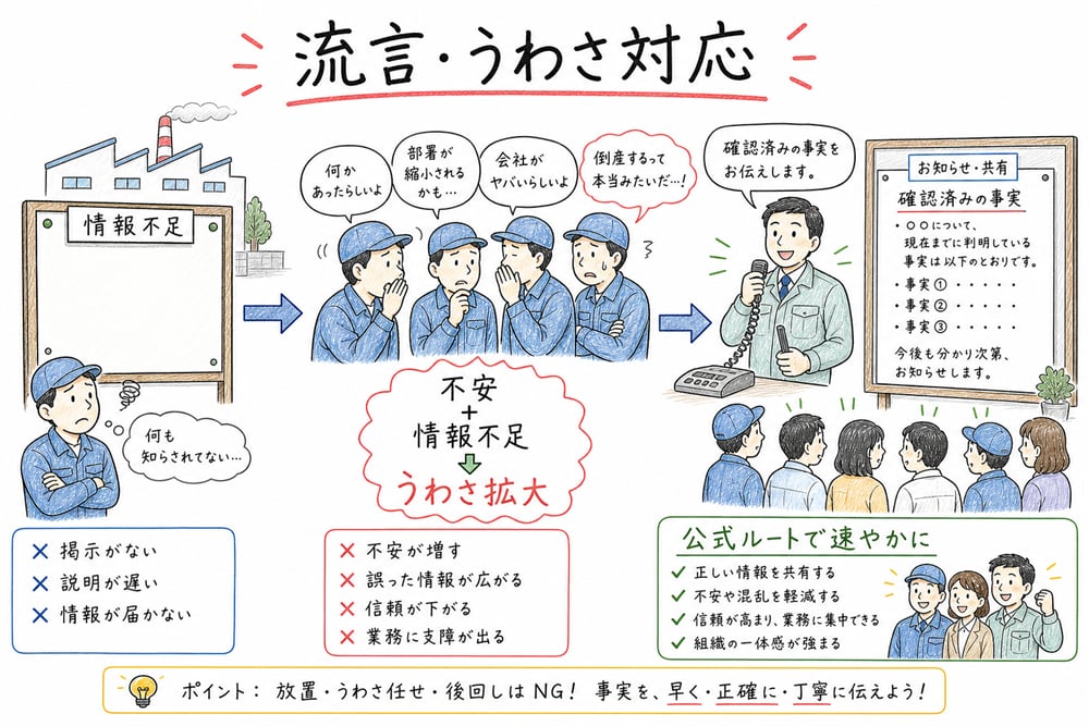 流言とうわさ対応の全体像を不安、情報不足、公式ルートでの事実伝達の関係で整理した図