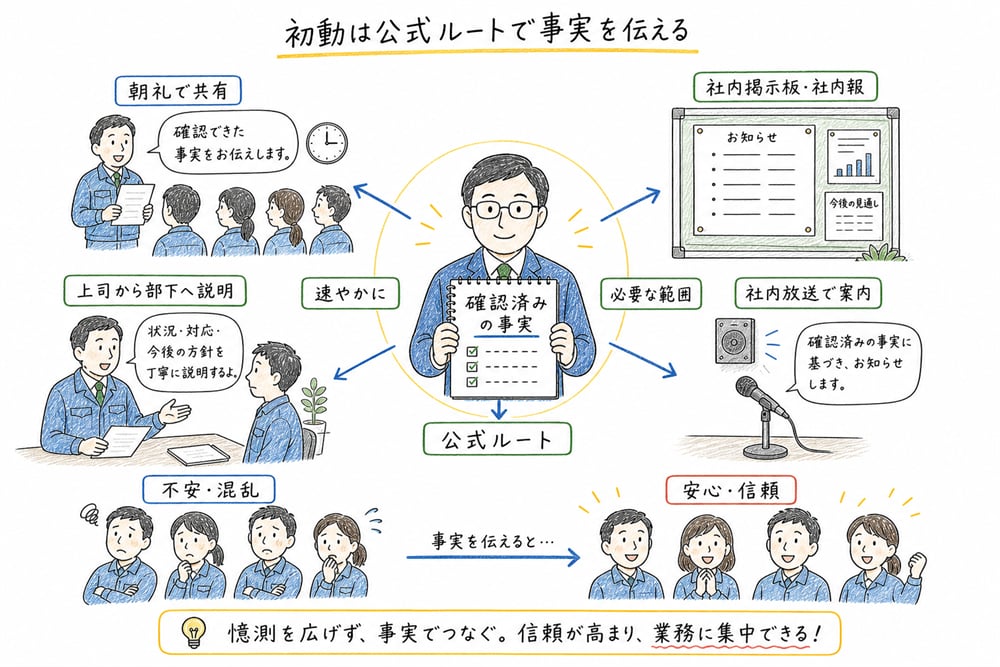 管理者が確認済みの事実を朝礼、社内掲示、社内放送などの公式ルートで伝える図