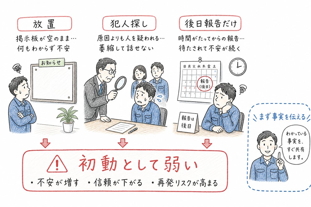 放置、犯人探し、後日報告だけが流言対応の初動として弱いことを示す図