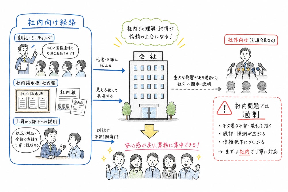 社内問題には朝礼や掲示板など社内向け経路を使い外部対応の過剰さを避ける図