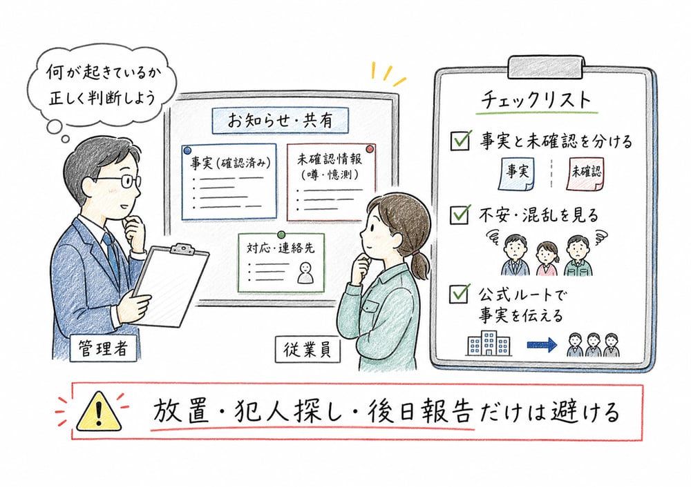 流言とうわさ対応を事実と未確認情報、不安、公式ルートでの伝達の順に判断するまとめ図