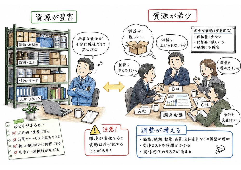 資源が豊富な場合と希少な場合を比べ、不確実性と調整負担が変わることを示す図解