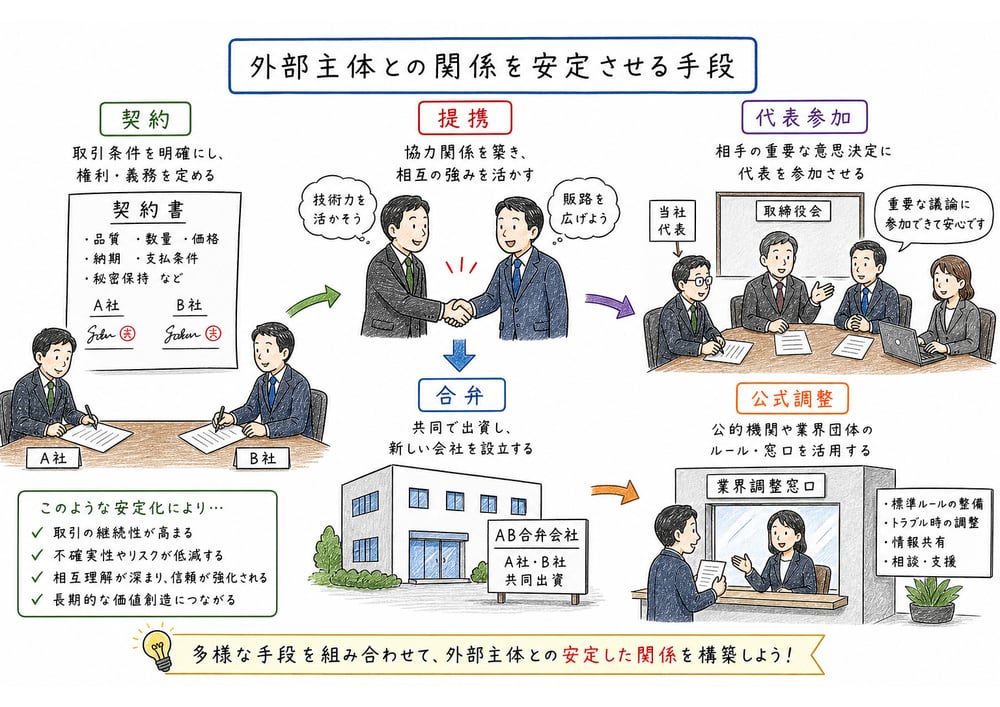 契約、提携、合弁、代表参加、公式調整で外部主体との関係を安定させる図解