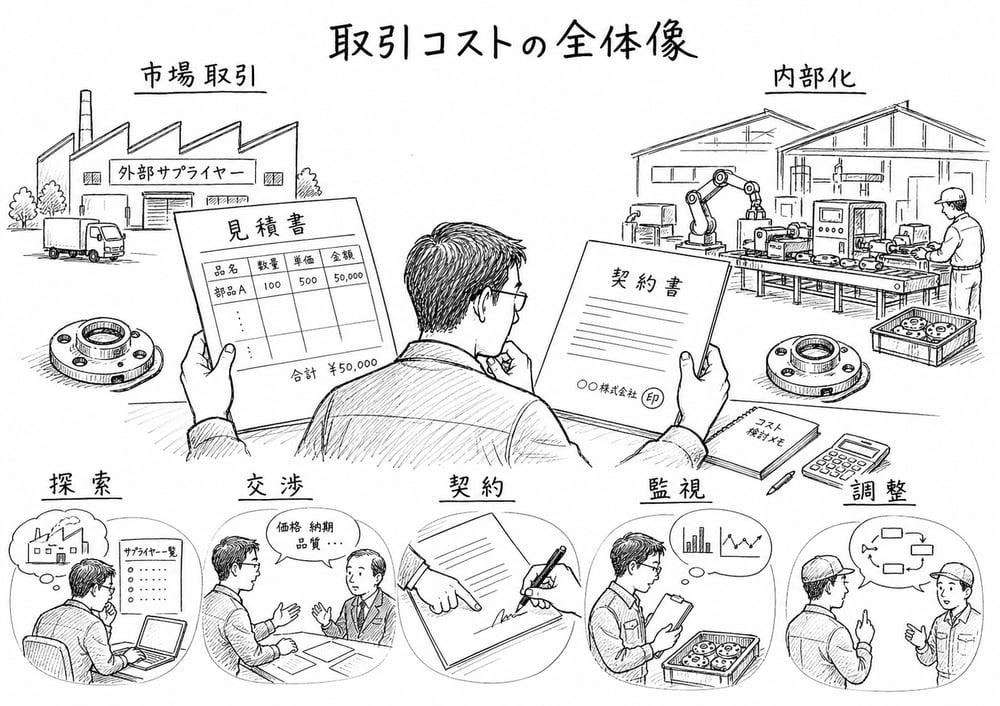 市場取引と内部化を探索、交渉、契約、監視、調整の取引コストで比較する全体像