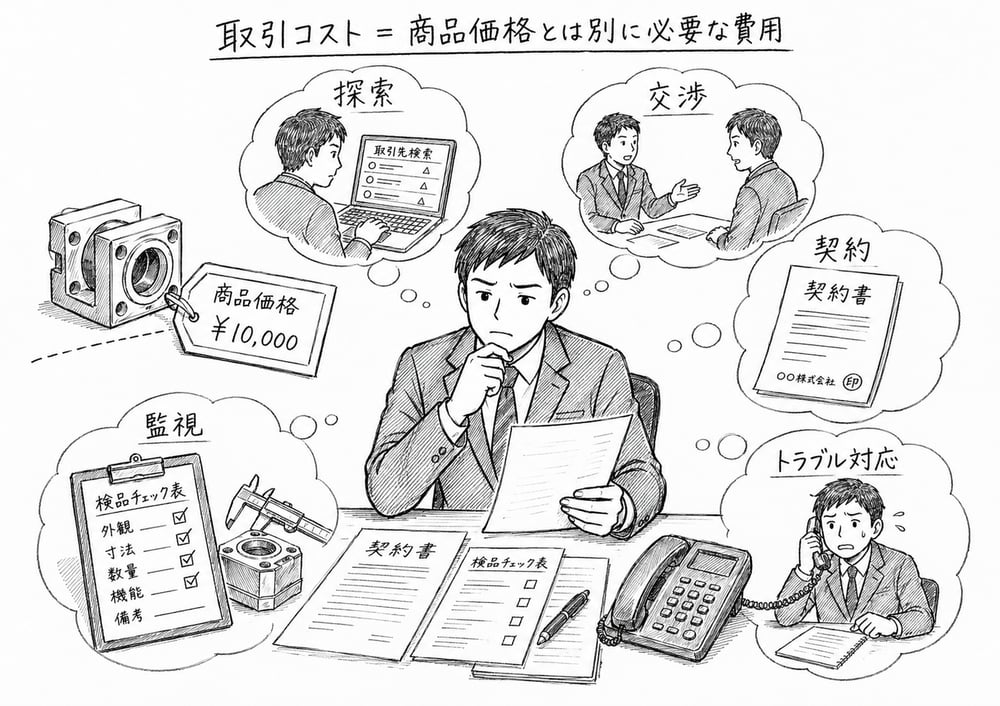 商品価格とは別に発生する探索、交渉、契約、監視、トラブル対応の取引コスト