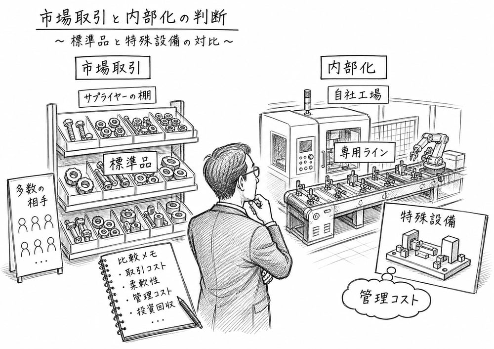標準品と多数取引先なら市場取引、特殊設備や仕様変更なら内部化を検討する判断
