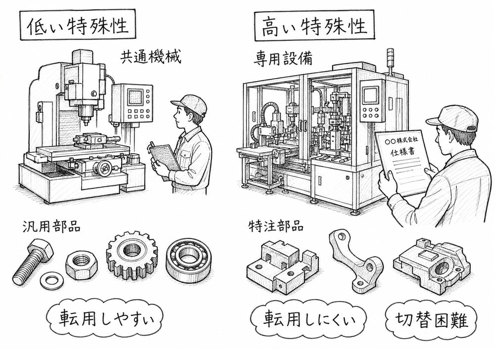 汎用機械と専用設備を比べて資産特殊性と切替困難を理解する図解