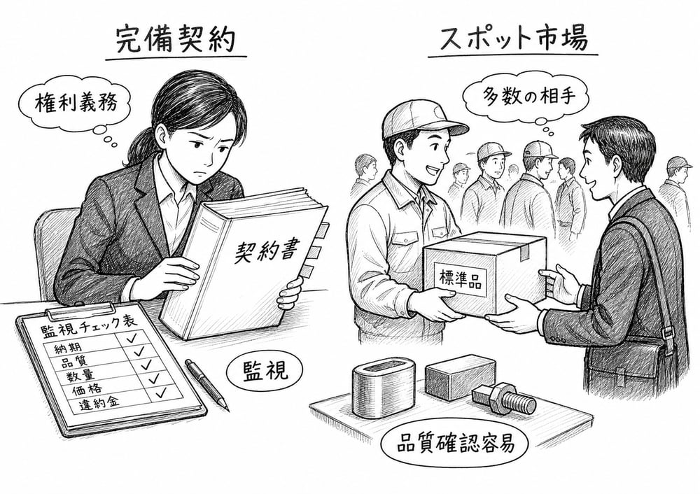完備契約とスポット市場契約を権利義務、監視、多数の相手、品質確認容易性で比較する図解