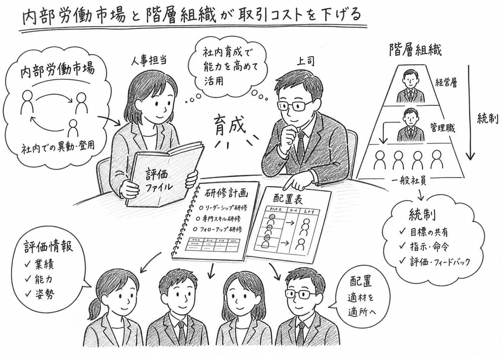 内部労働市場で評価情報、育成、配置を蓄積し階層組織で統制する図解