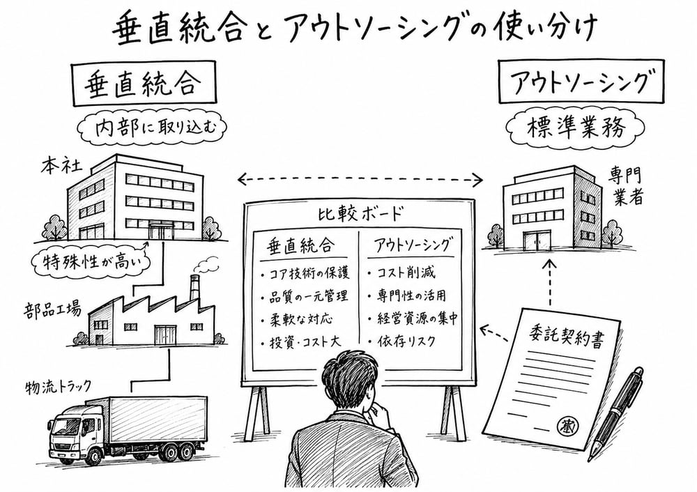 垂直統合とアウトソーシングを特殊性、標準業務、専門業者で使い分ける図解