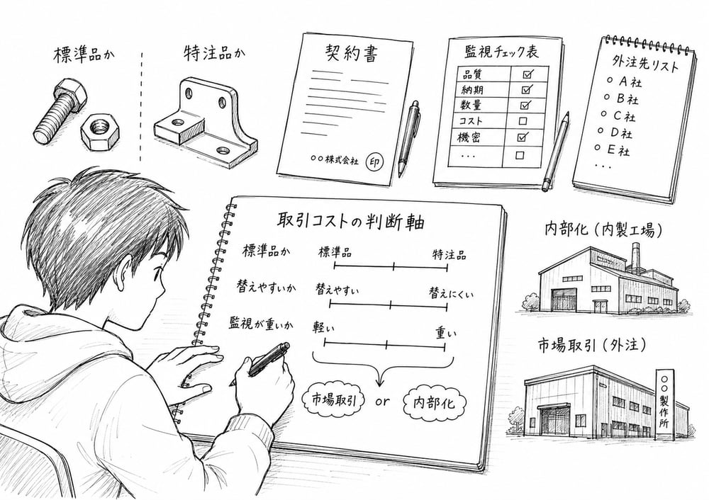取引コスト問題で標準品、特注品、切替容易性、監視負担、市場取引、内部化を確認する判断軸