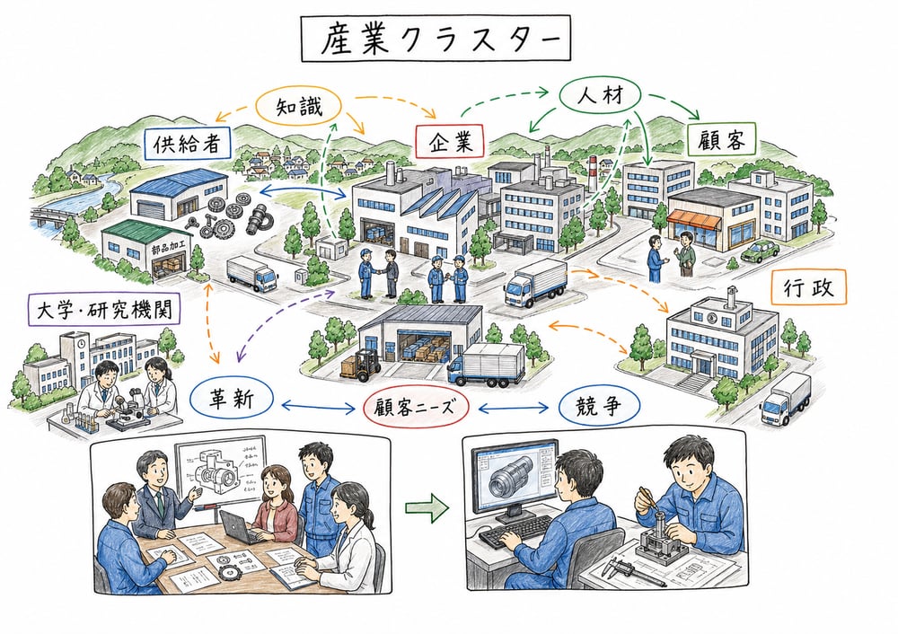 産業クラスターで企業・供給者・顧客・大学・行政が相互作用する図解