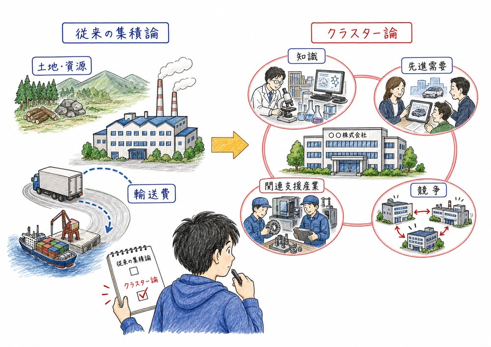 従来の産業集積論とポーターの産業クラスター論を比較する図解