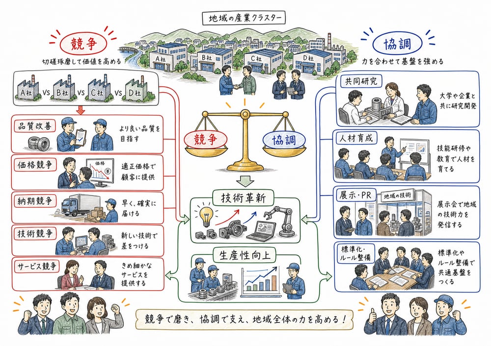 クラスターで競争と協調が革新と生産性向上を促す図解