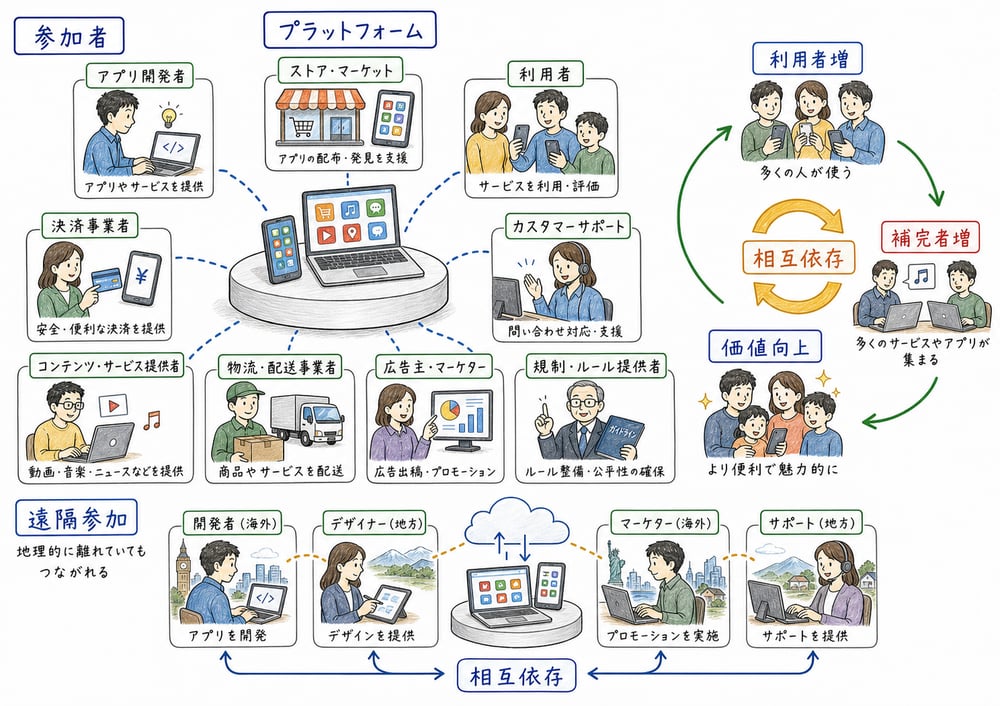 プラットフォーム上で利用者と補完者が増え価値が高まる図解