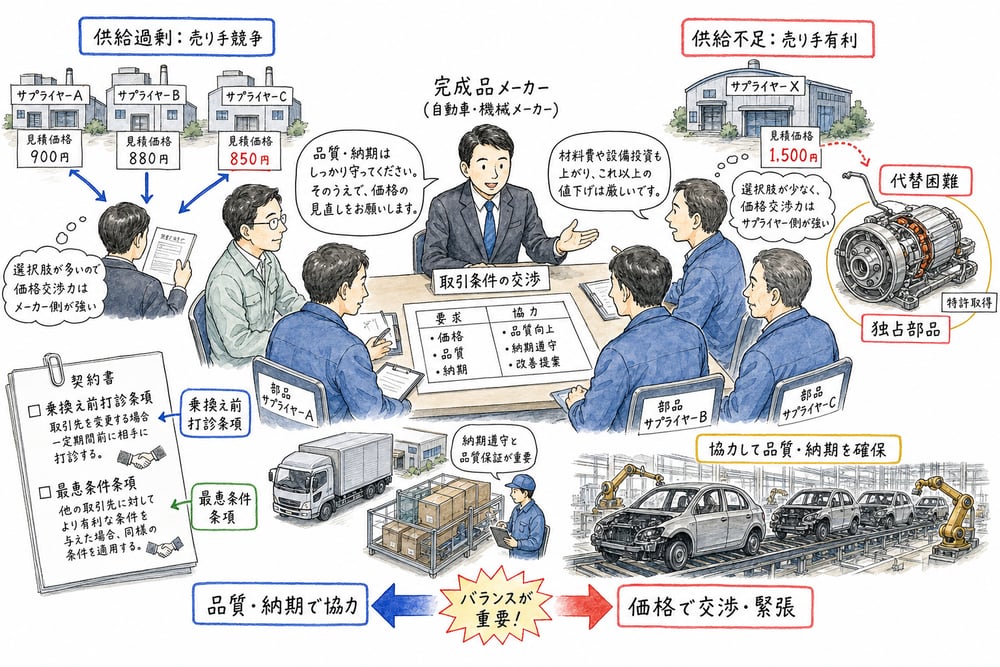 供給状況、代替可能性、独占部品、契約条項が交渉力に影響する図解