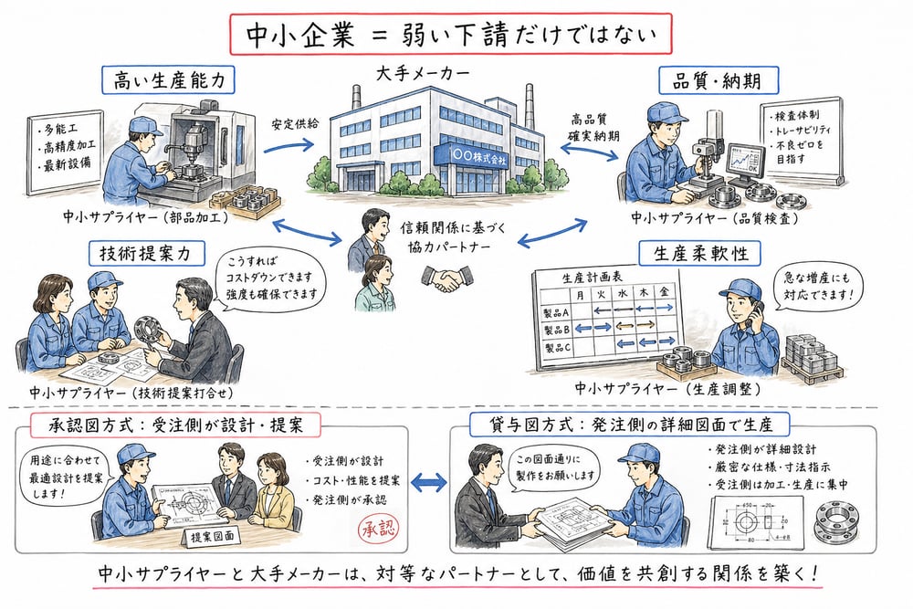 大手企業と能力の高い中小サプライヤーが柔軟性や技術提案で協力する図解