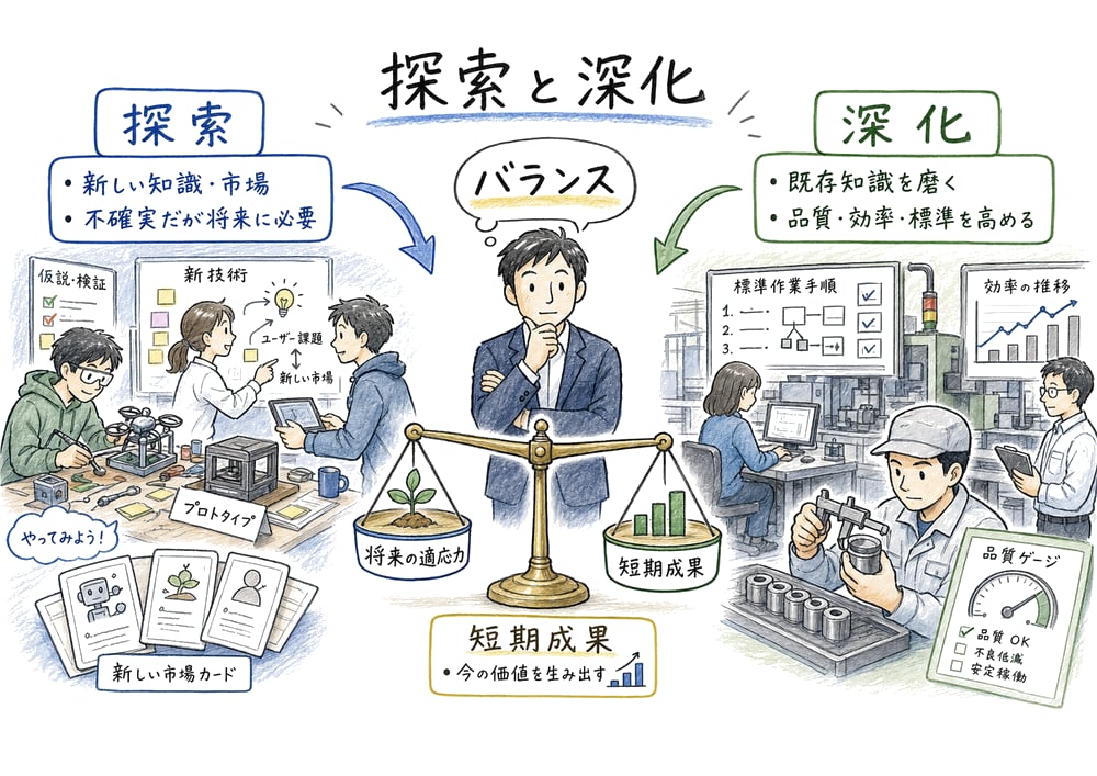 新しい知識を試す探索と既存能力を磨く深化のバランスを示す教材図