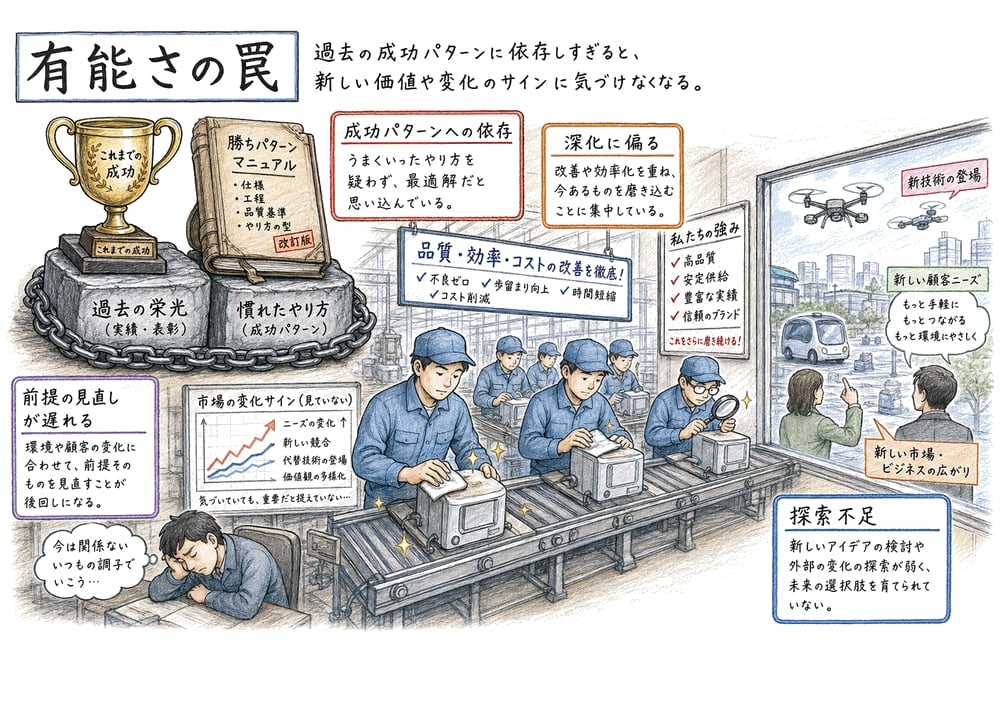 過去の成功パターンへの依存が探索を妨げる有能さの罠を示す教材図