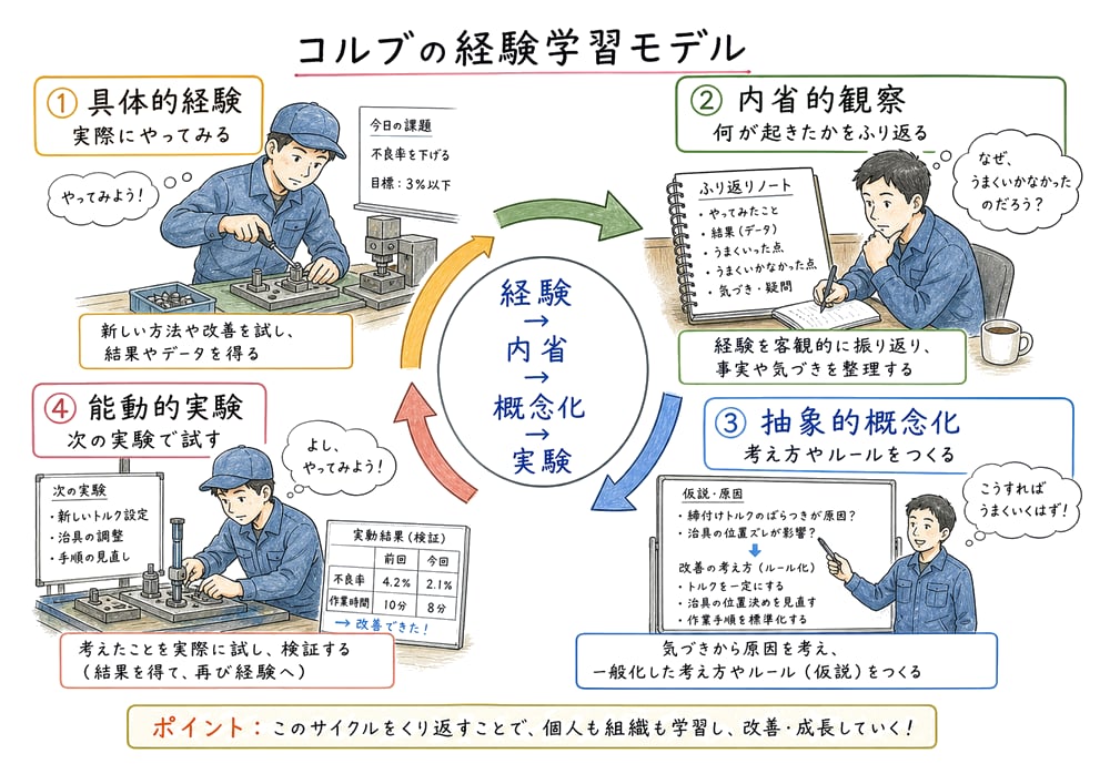 具体的経験、内省的観察、抽象的概念化、能動的実験の循環を示す教材図
