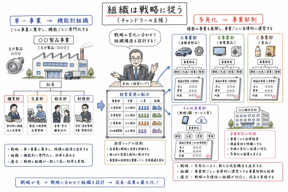 単一事業では機能別組織、多角化では事業部制が合いやすいことを示す図解