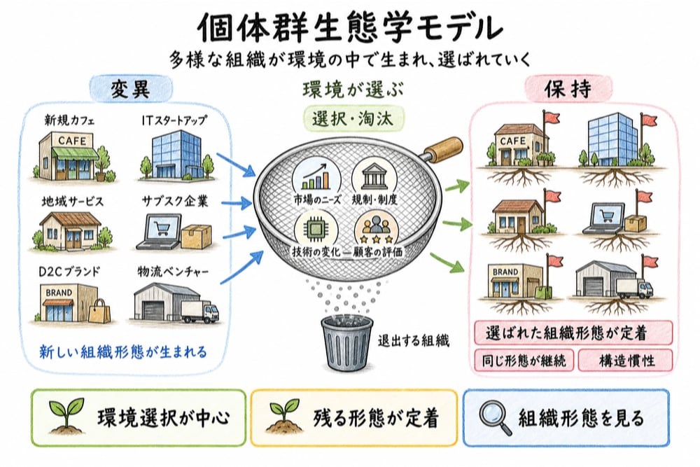 個体群生態学モデルの変異、選択・淘汰、保持を示す図解