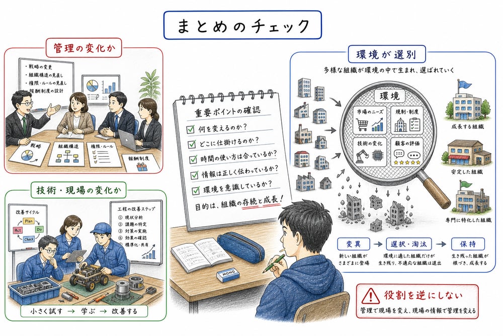 管理的変化、技術・現場の変化、環境選別を確認する判断軸の図解
