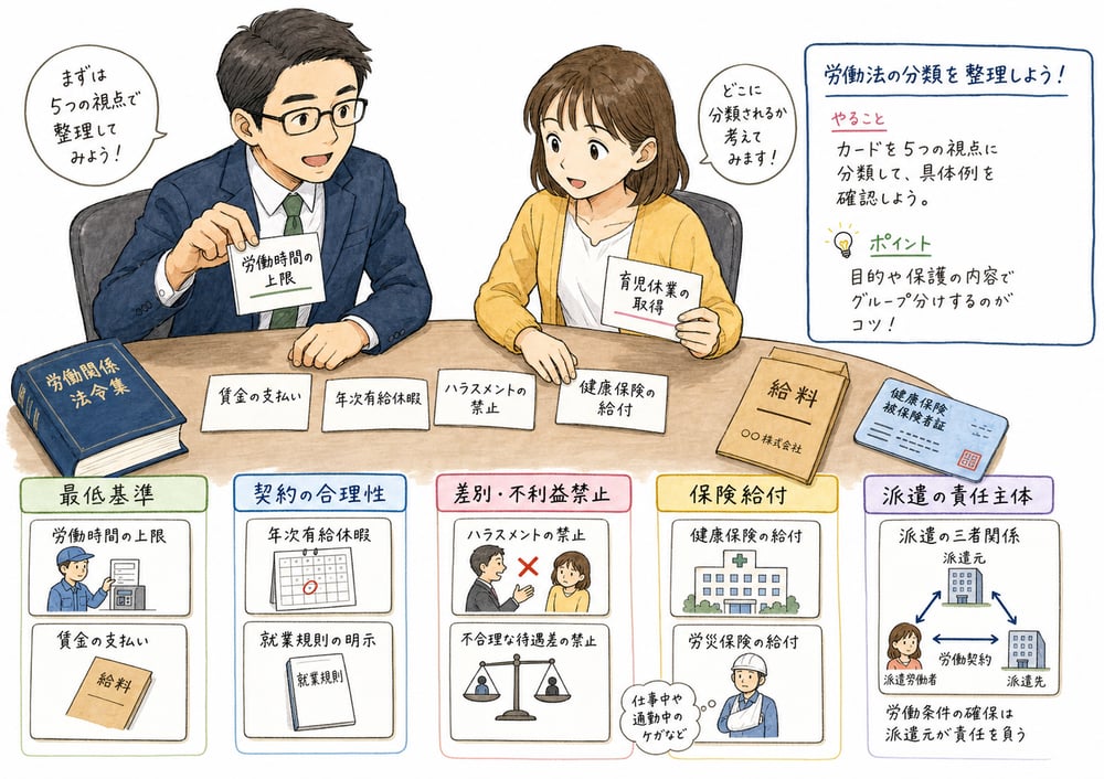 労働関連法規を最低基準、契約の合理性、差別・不利益禁止、保険給付、派遣責任主体に切り分ける図解