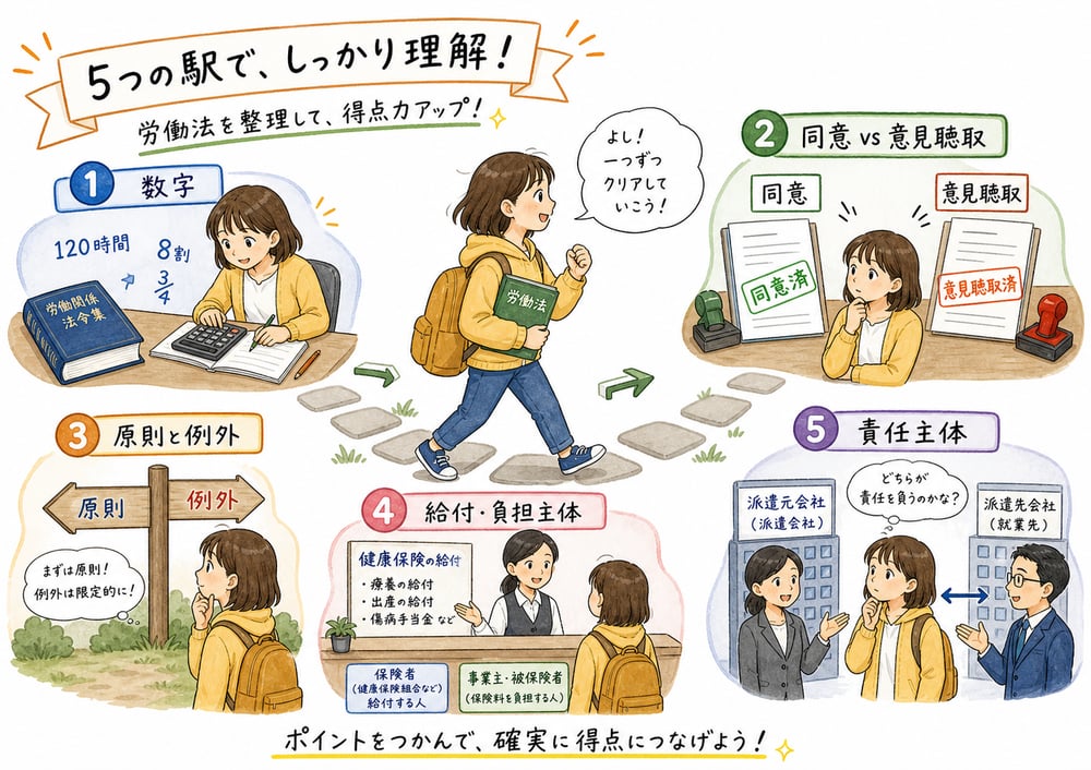 労働関連法規の出題パターンを数字、同意と意見聴取、原則例外、給付主体、責任主体で確認する図解
