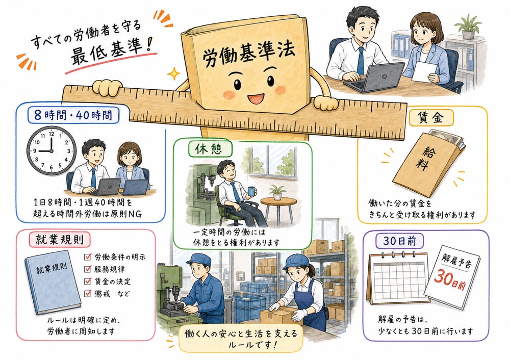 労働基準法の最低基準、労働時間、休憩、就業規則、解雇予告を整理する図解