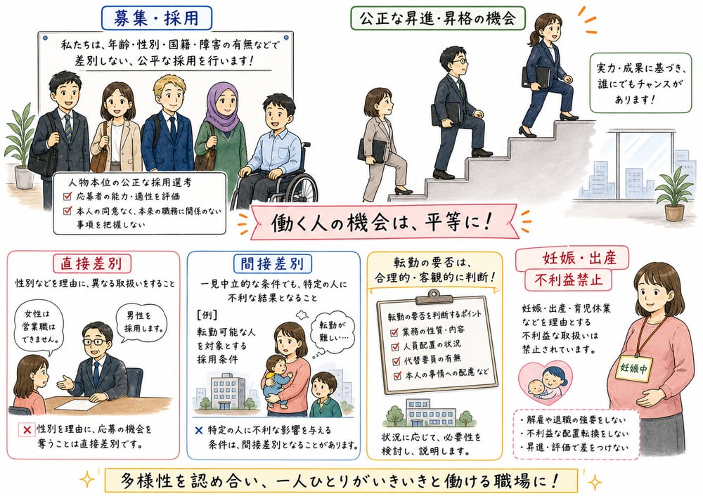 男女雇用機会均等法の直接差別、間接差別、妊娠出産の不利益取扱い禁止を整理する図解