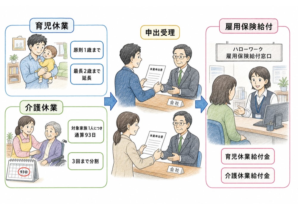 育児休業と介護休業の申出拒否不可、雇用保険給付、介護休業93日を整理する図解