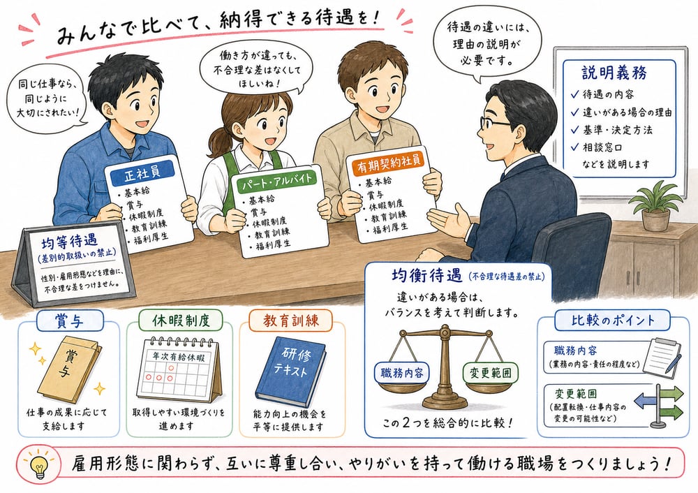 パートタイム・有期雇用労働法の均等待遇、均衡待遇、説明義務を比較する図解