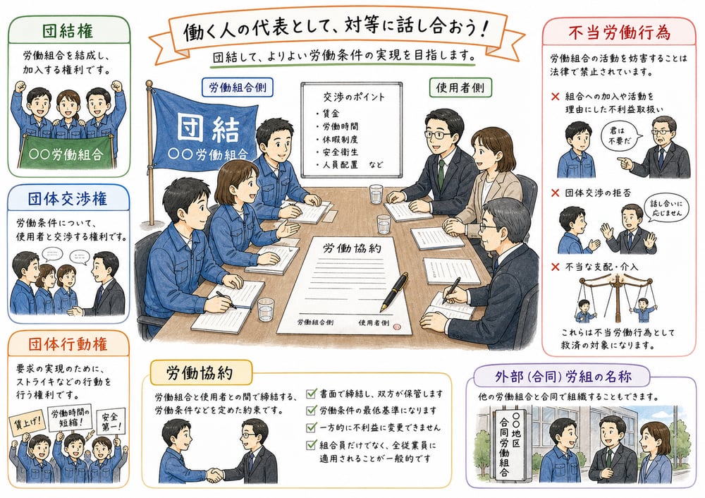 労働組合法の労働三権、団体交渉、不当労働行為、労働協約を整理する図解