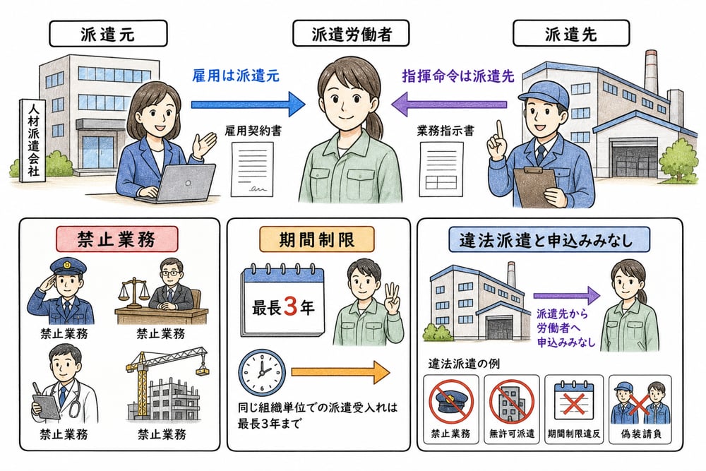 労働者派遣法の派遣元、派遣労働者、派遣先の三者関係と責任主体を整理する図解