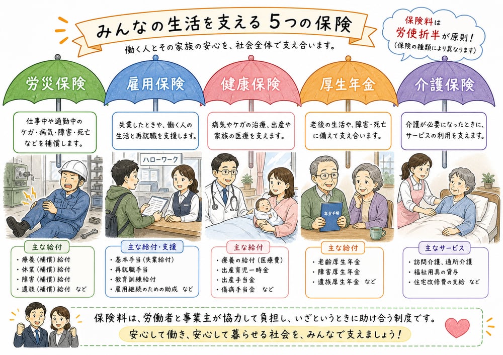 労働保険と社会保険の給付対象を労災、雇用、健康、厚生年金、介護で整理する図解