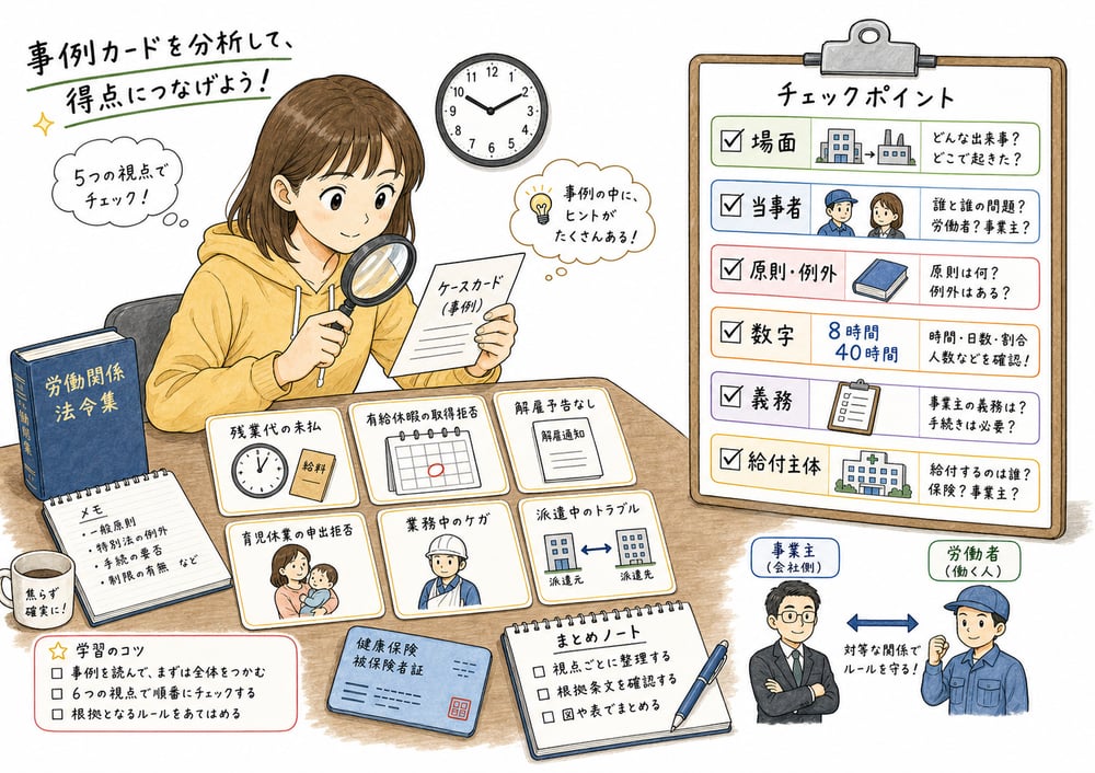 労働法規問題を場面、当事者、原則例外、数字、義務、給付主体の順に判断する図解