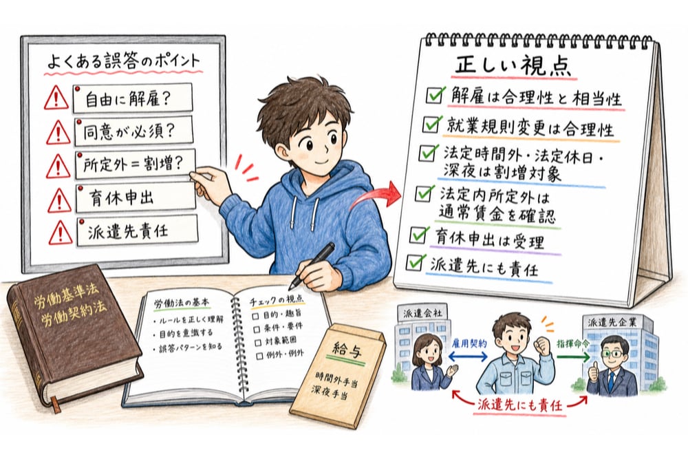 労働関連法規の試用期間、就業規則、割増賃金、育休、派遣先責任の誤答パターンを整理する図解