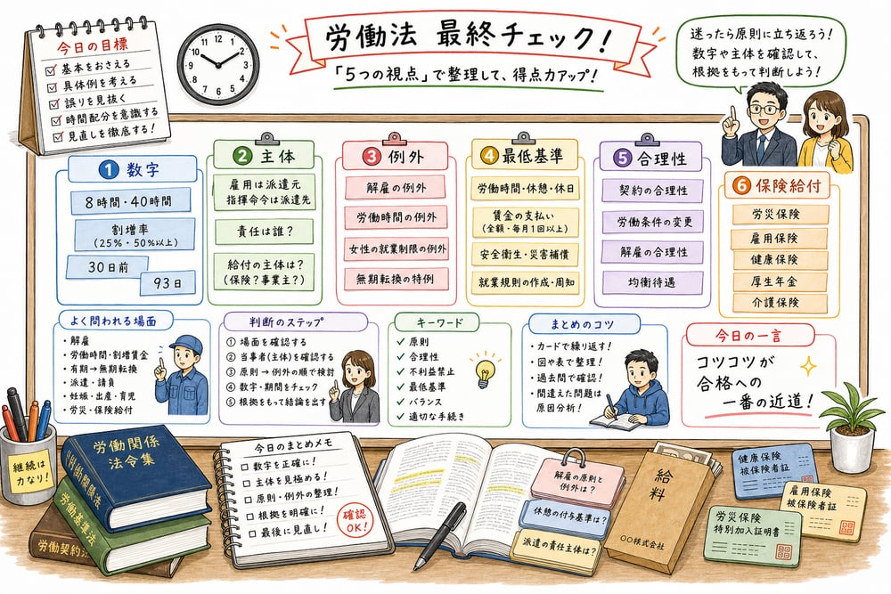 労働関連法規を数字、主体、例外、最低基準、合理性、保険給付で最終確認する図解