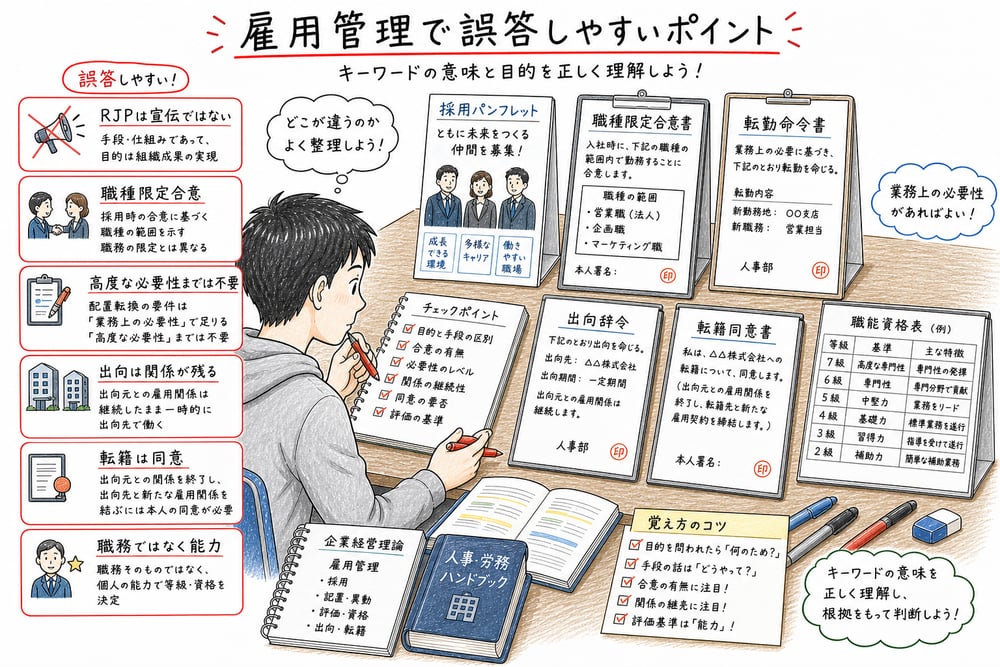 雇用管理で誤答しやすいポイントを示す図解
