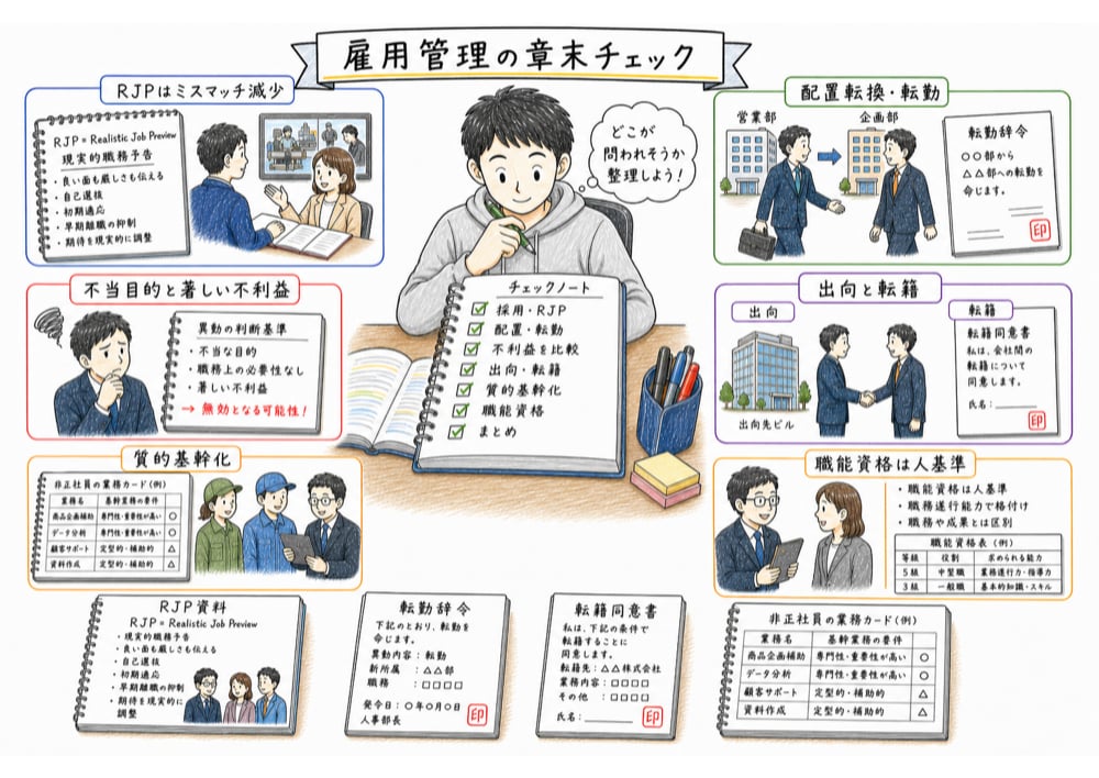 雇用管理の章末確認ポイントを示す図解