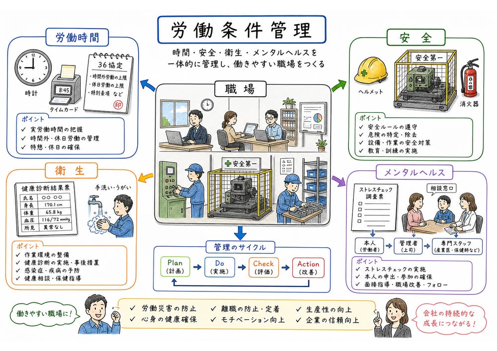 労働時間、安全、衛生、メンタルヘルスをまとめて管理する労働条件管理の全体像
