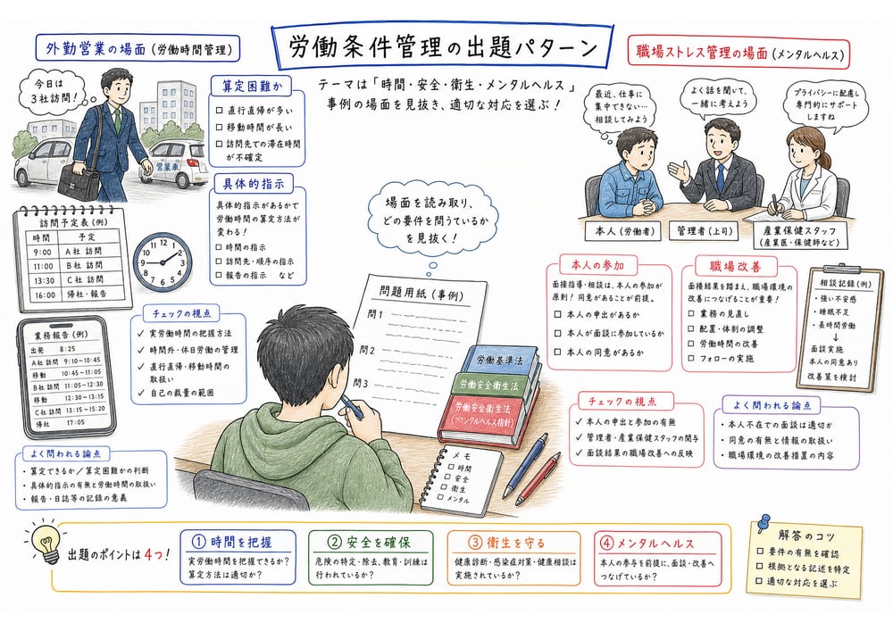 労働時間制度の適用前提とストレス管理の介入プロセスを見る出題パターン