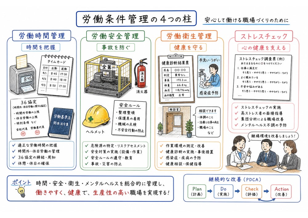 労働時間管理、安全管理、衛生管理、ストレスチェックを四つの柱で整理する図解