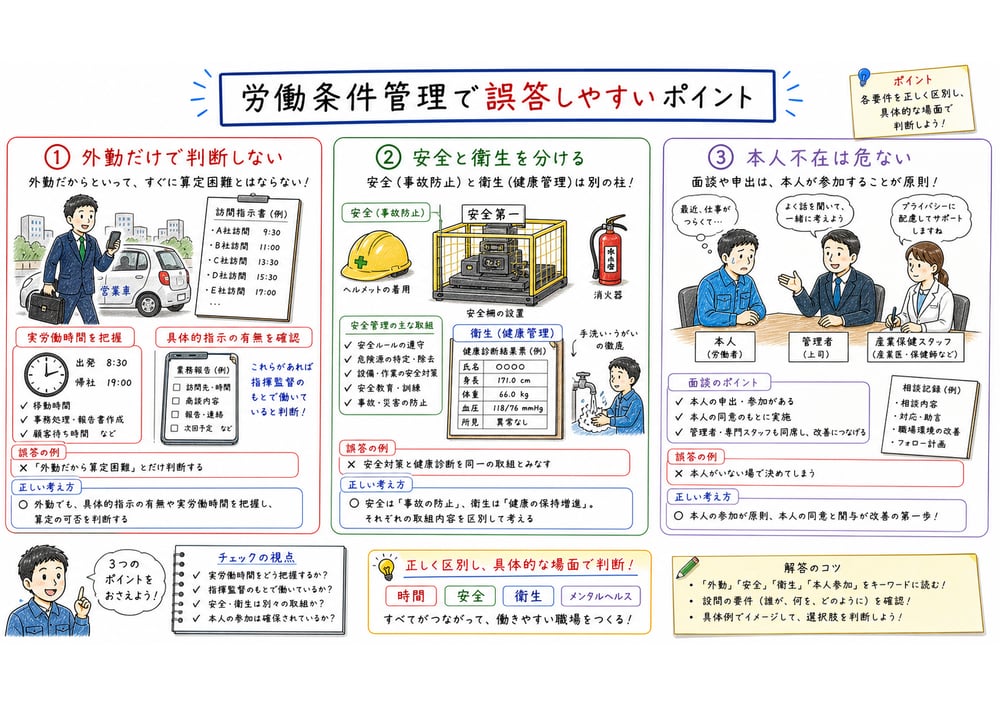 外勤だけで判断しない、安全と衛生を分ける、本人不在の介入を避ける誤答注意点