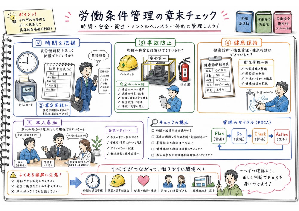 時間把握、算定困難、事故防止、健康保持、本人参加を確認する労働条件管理の章末チェック