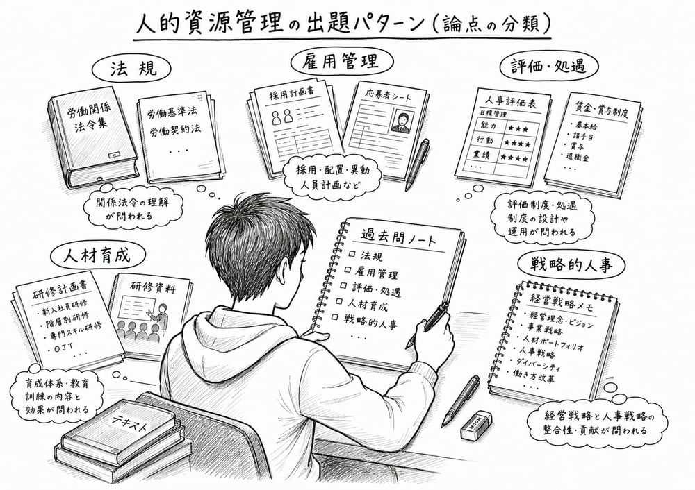 人的資源管理の出題パターンを法規、雇用管理、評価処遇、人材育成、戦略的人事に分類する図解